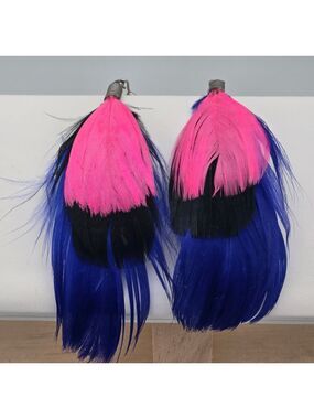 Neon Pink & Royal Blue Tri-Color Feather Statement Earrings Festival Native